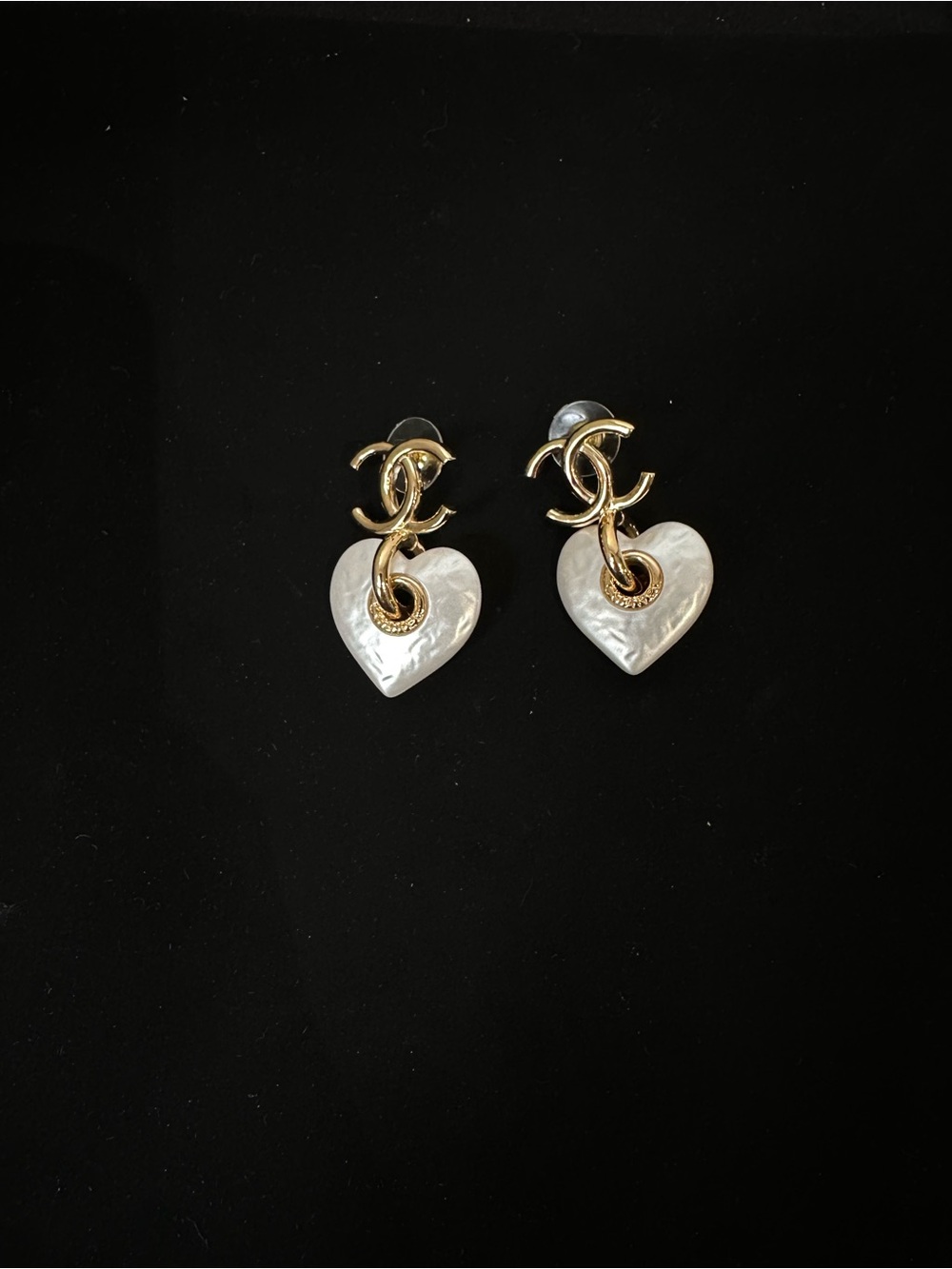 CHANEL Gold and Pearl-Effect Heart Drop Earrings